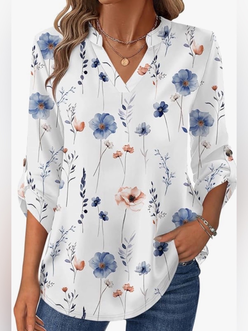White Floral V-Neck Tunic with Blue & Peach Blooms